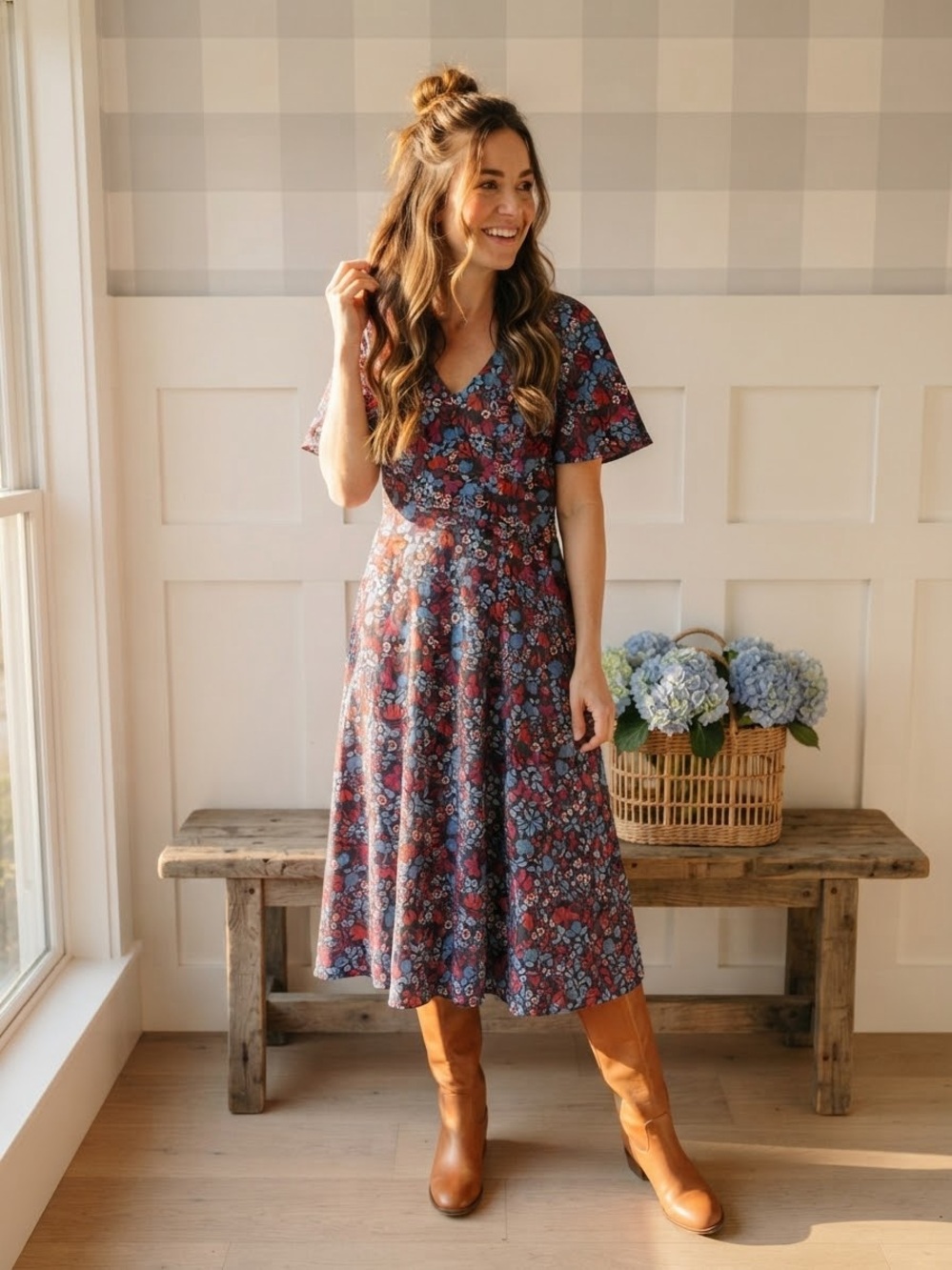 Draper James Burgundy & Navy Floral V‑Neck A‑Line Midi Dress 10